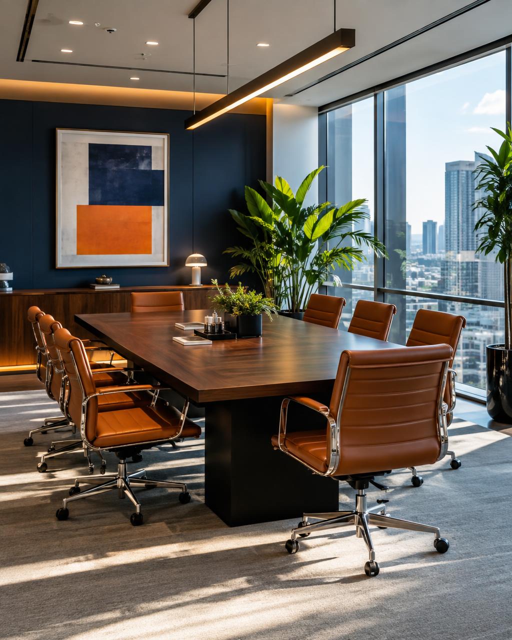 Sala de reunião corporativa moderna e sofisticada, representando a proximidade e estrutura da RHF Talentos